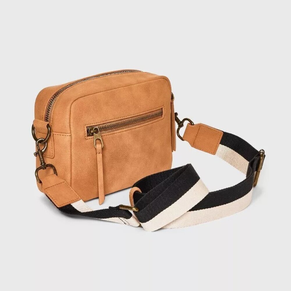 Universal Thread Crossbody Camera Bag Womens Cognac Striped Web Strap Zip Pocket - Picture 3 of 4